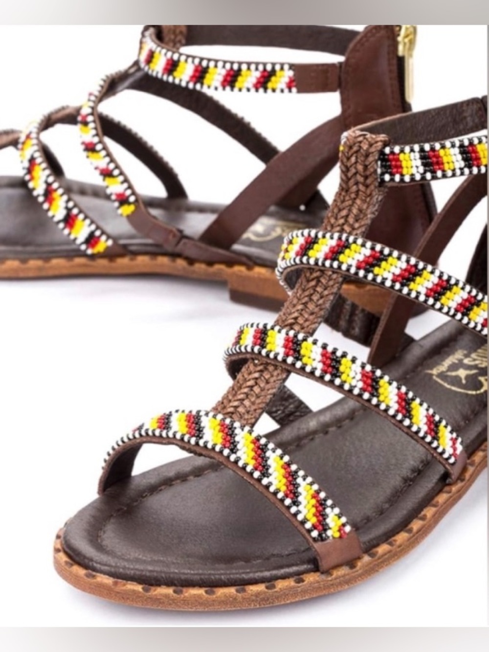 PIKOLINOS Brown Leather Beaded Multi-Color Strappy Sandals